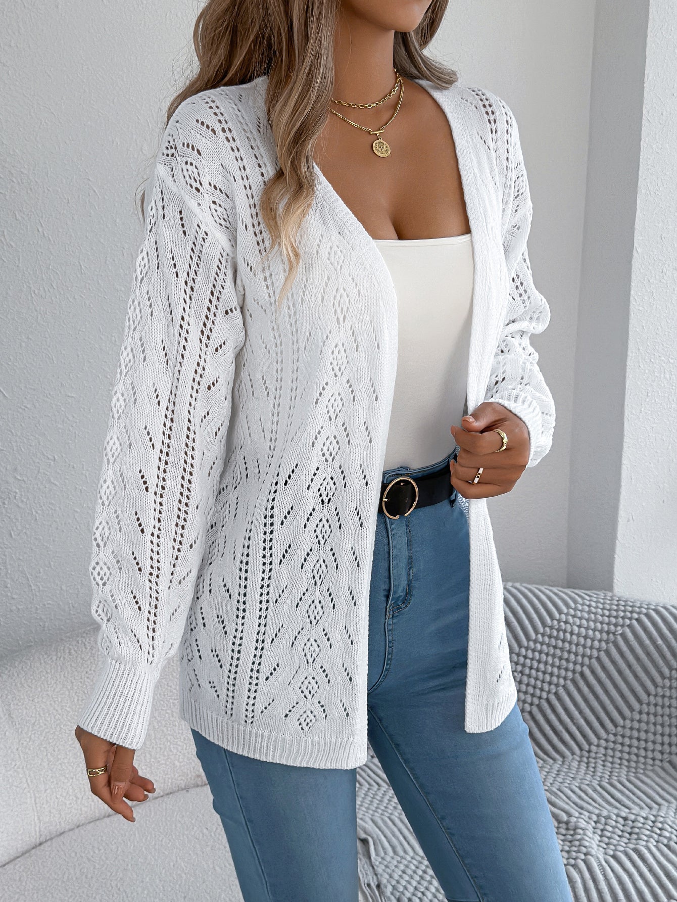 Women Casual Hollow Out Lantern Sleeve Long Sleeve Cardigan Sweater Coat