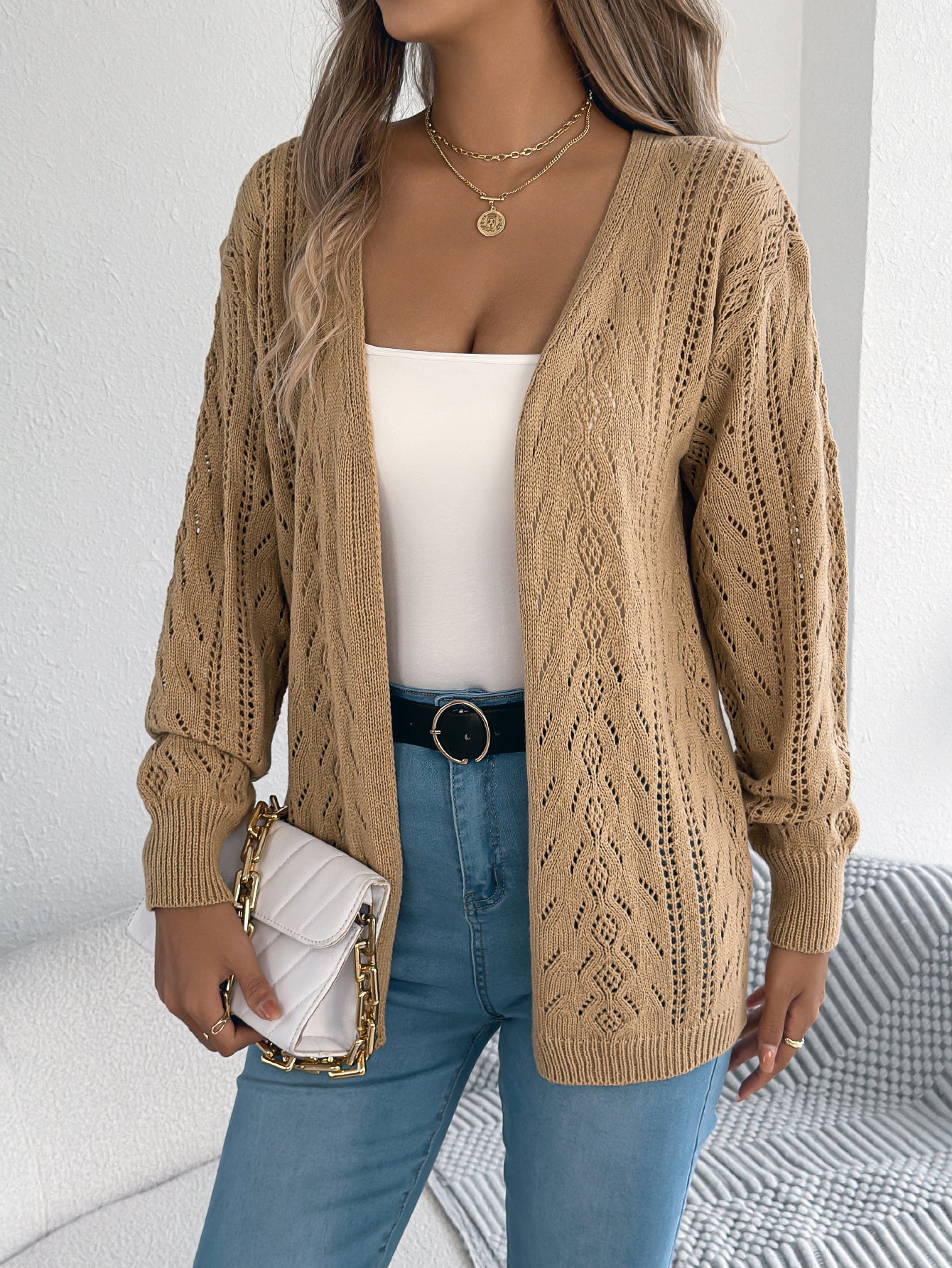 Women Casual Hollow Out Lantern Sleeve Long Sleeve Cardigan Sweater Coat