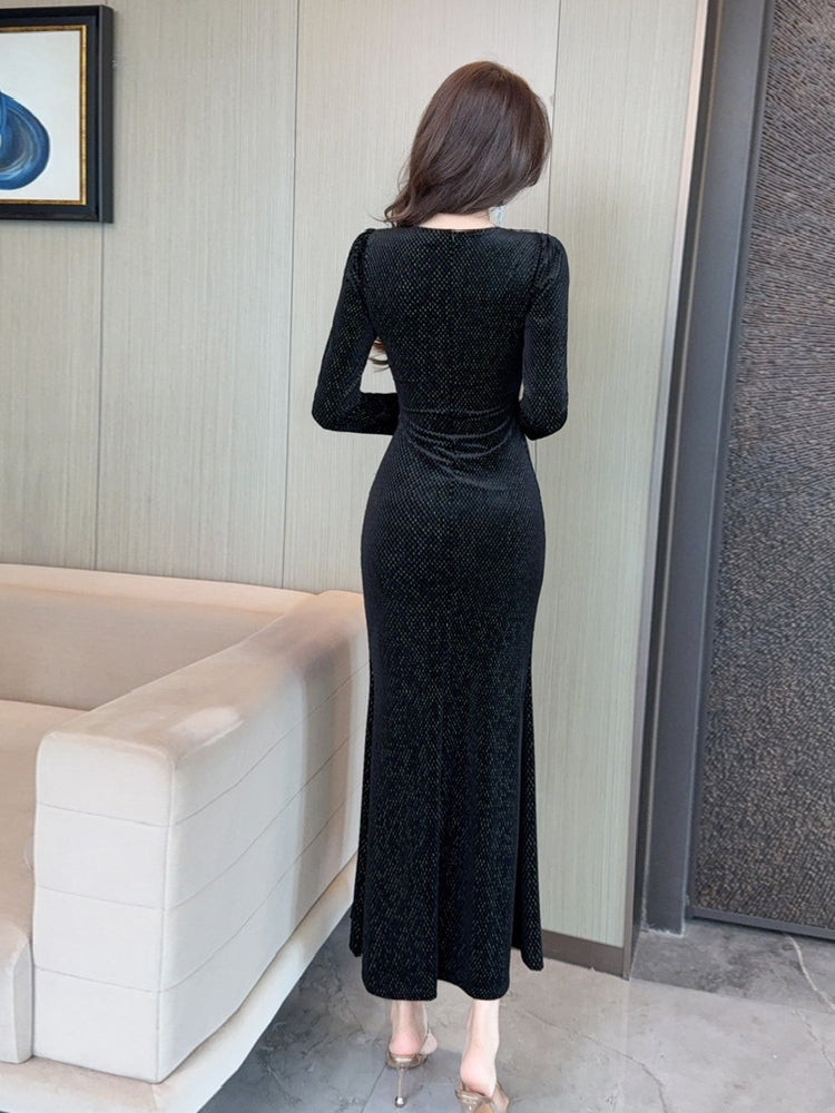 V-neck Gold Velvet Patchwork High-end Split Dress