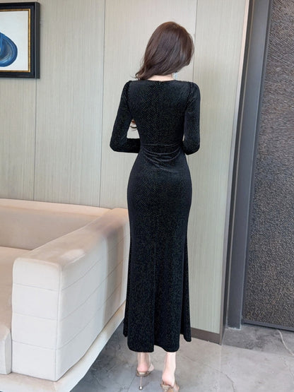 V-neck Gold Velvet Patchwork High-end Split Dress