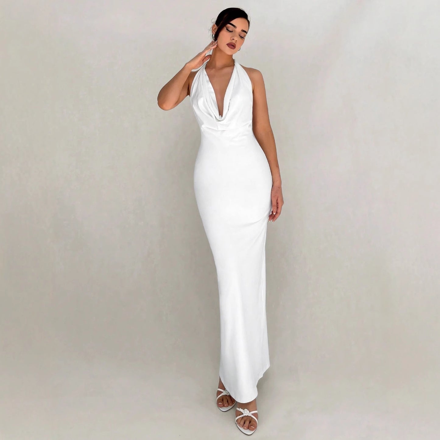 European And American Sexy Slim-fit Design Long Dress Solid Color