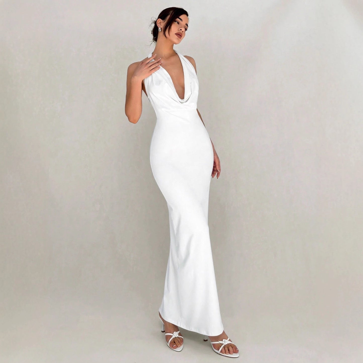 European And American Sexy Slim-fit Design Long Dress Solid Color