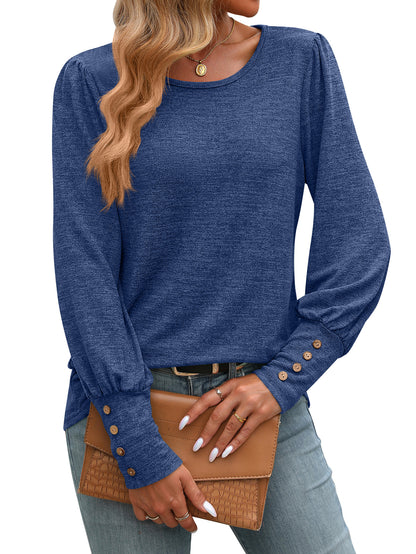 New Bubble-sleeve Crew-neck Button-up Long-sleeve Shirt