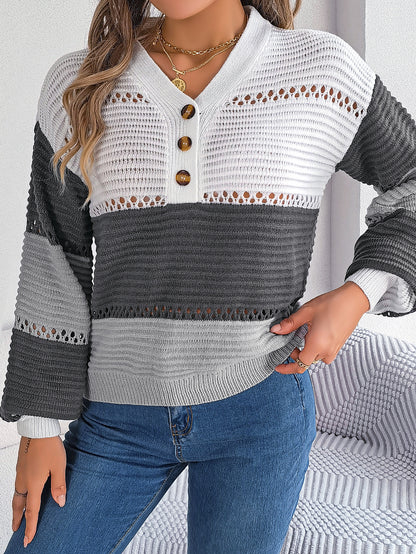 Women Casual Button V-Neck Hollow Out Color Block Lantern Sleeve Pullover Sweater