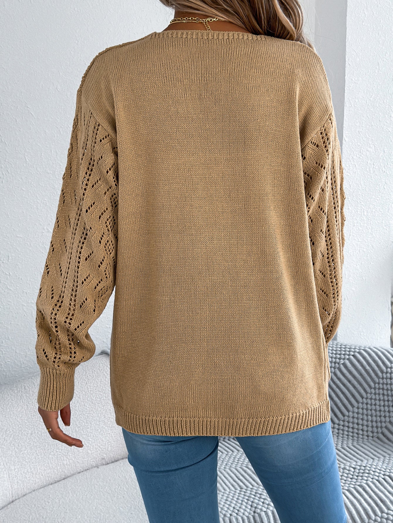 Women Casual Hollow Out Lantern Sleeve Long Sleeve Cardigan Sweater Coat