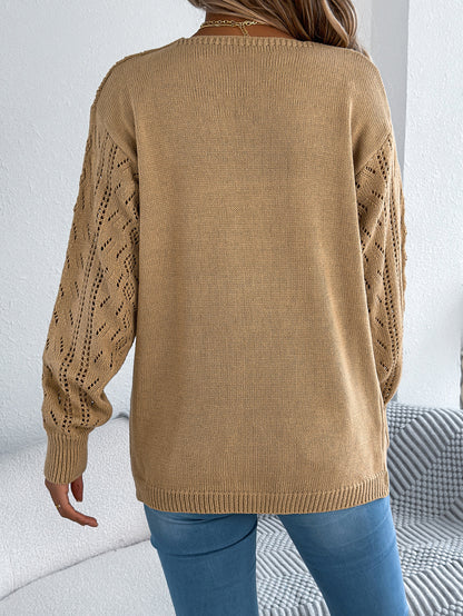 Women Casual Hollow Out Lantern Sleeve Long Sleeve Cardigan Sweater Coat