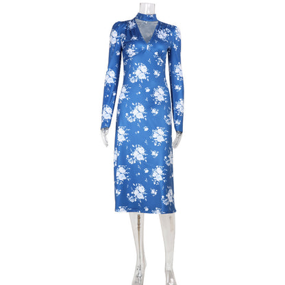 Fashionable And Elegant V-Neck Long-Sleeve Waist-Cinching Slimming Dress For Women