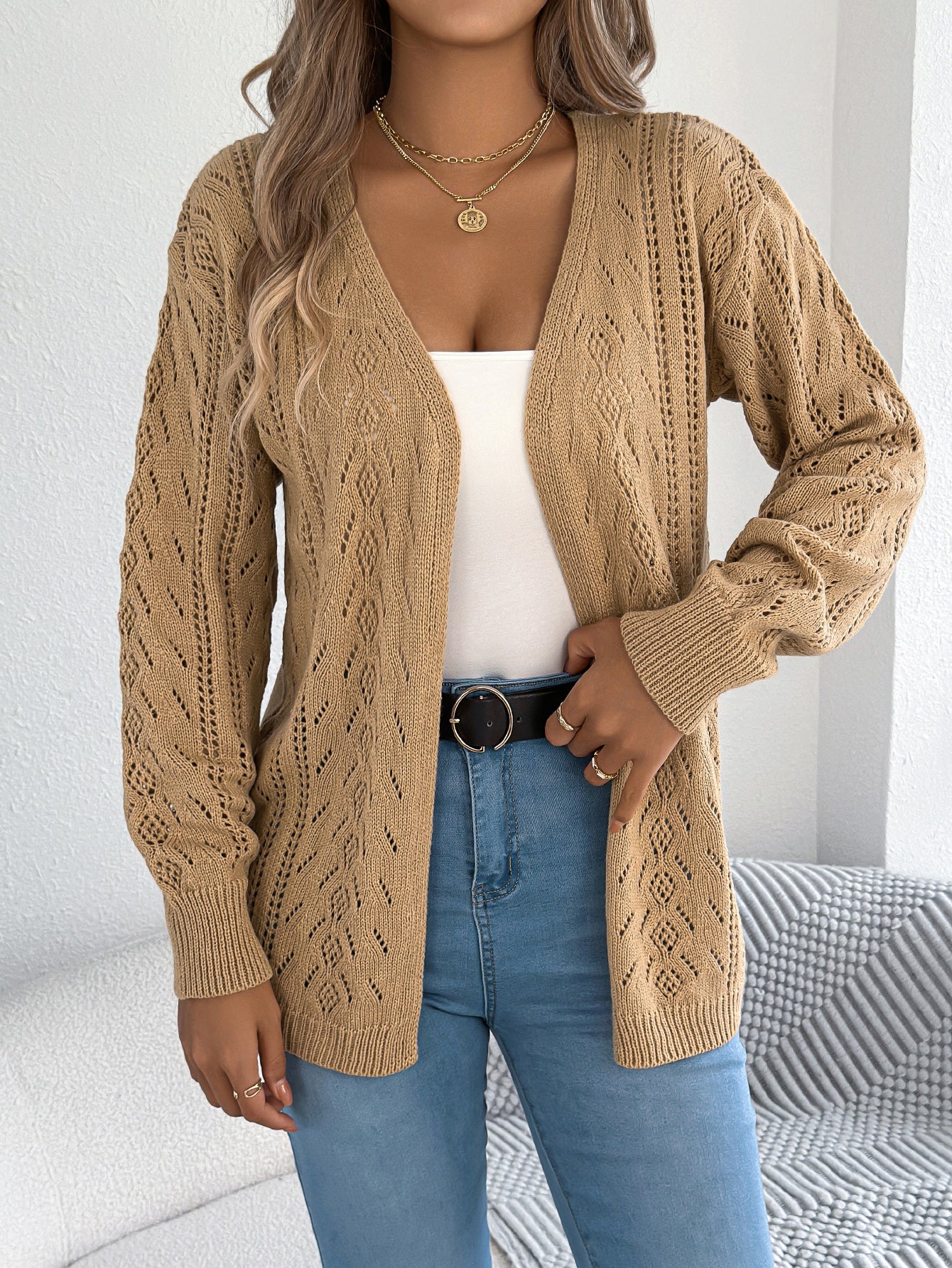 Women Casual Hollow Out Lantern Sleeve Long Sleeve Cardigan Sweater Coat