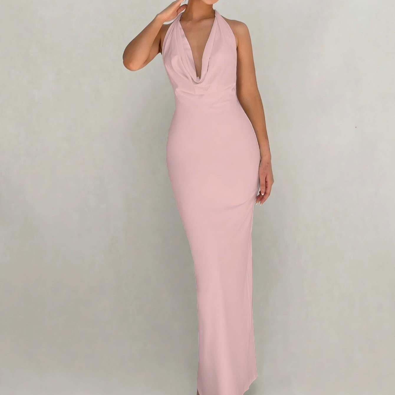 European And American Sexy Slim-fit Design Long Dress Solid Color