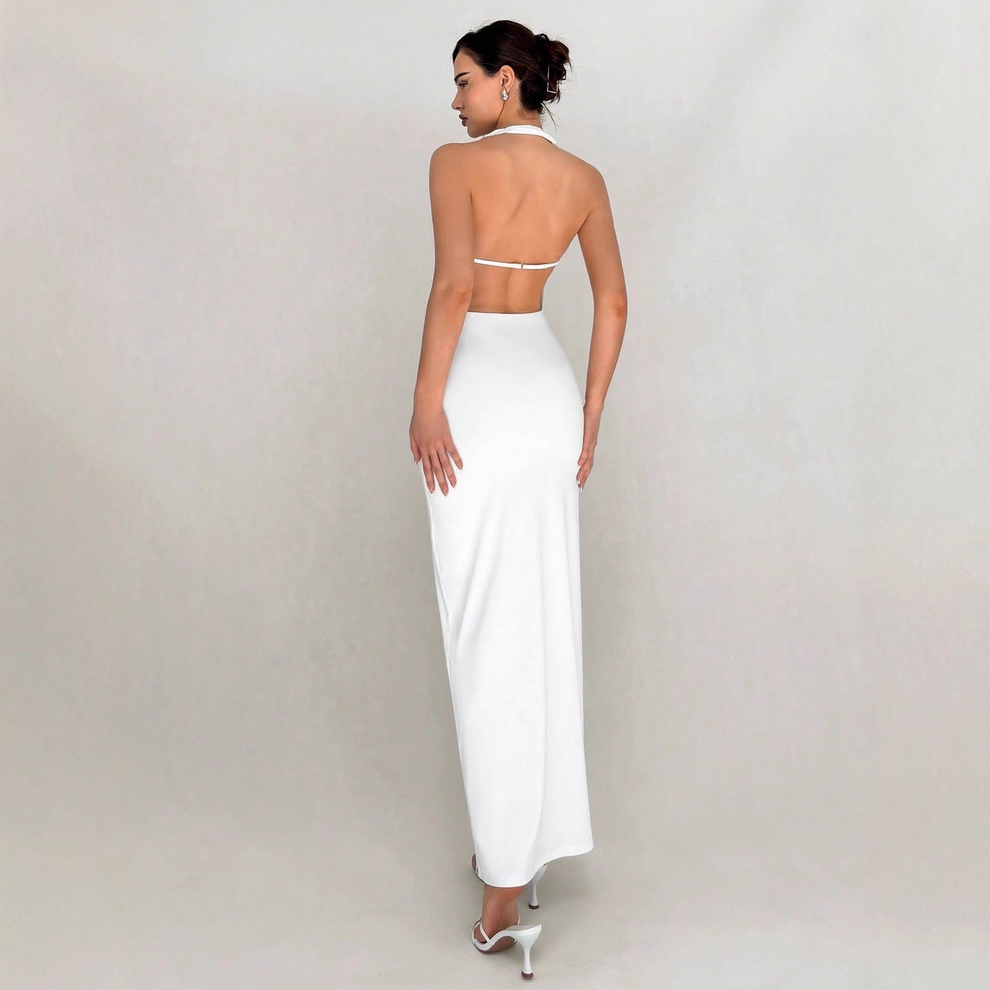 European And American Sexy Slim-fit Design Long Dress Solid Color