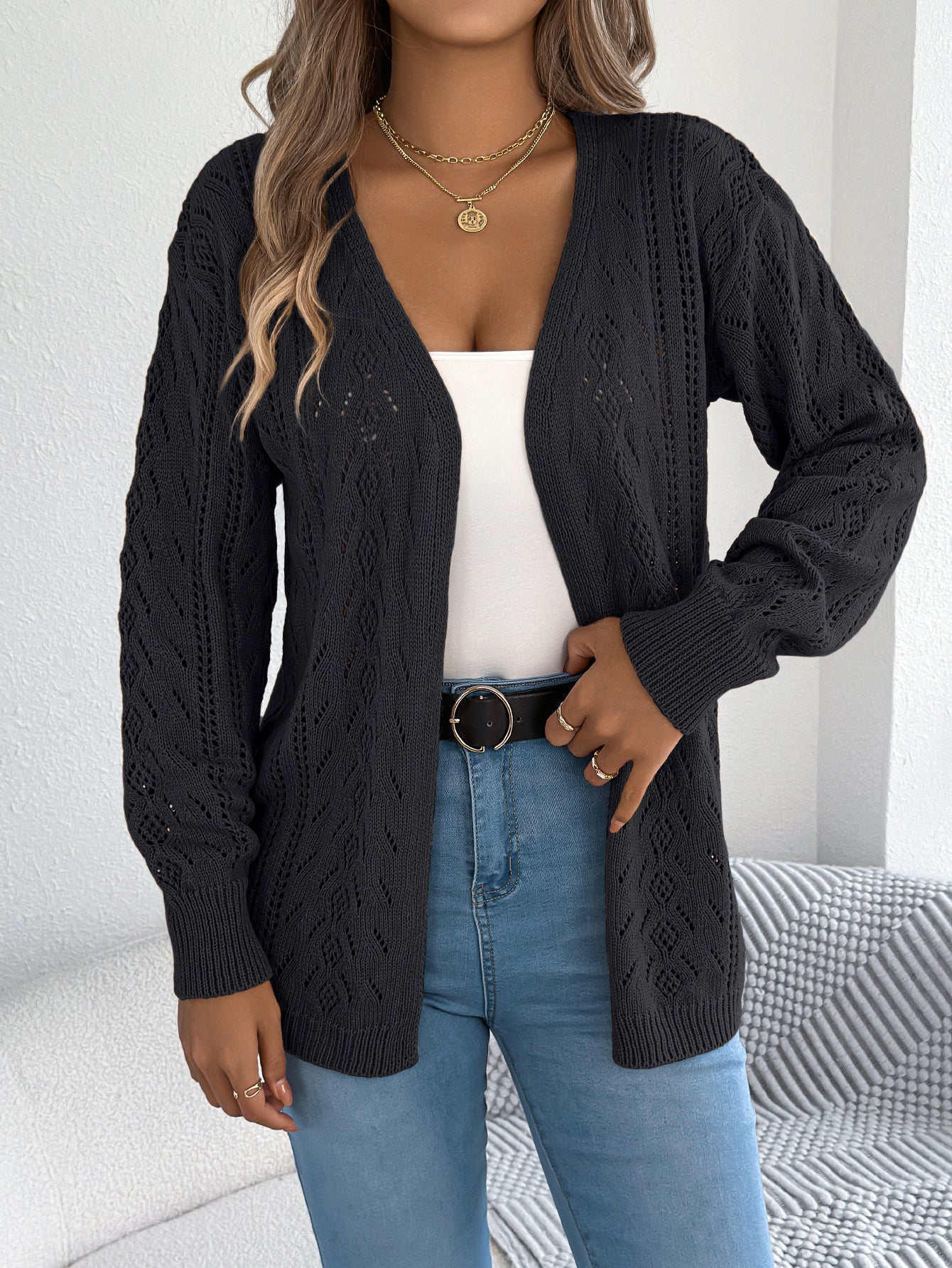 Women Casual Hollow Out Lantern Sleeve Long Sleeve Cardigan Sweater Coat