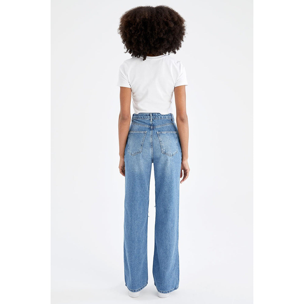 Retro Distressed Drop-waist Women's Loose Wide-leg Floor-length Pants