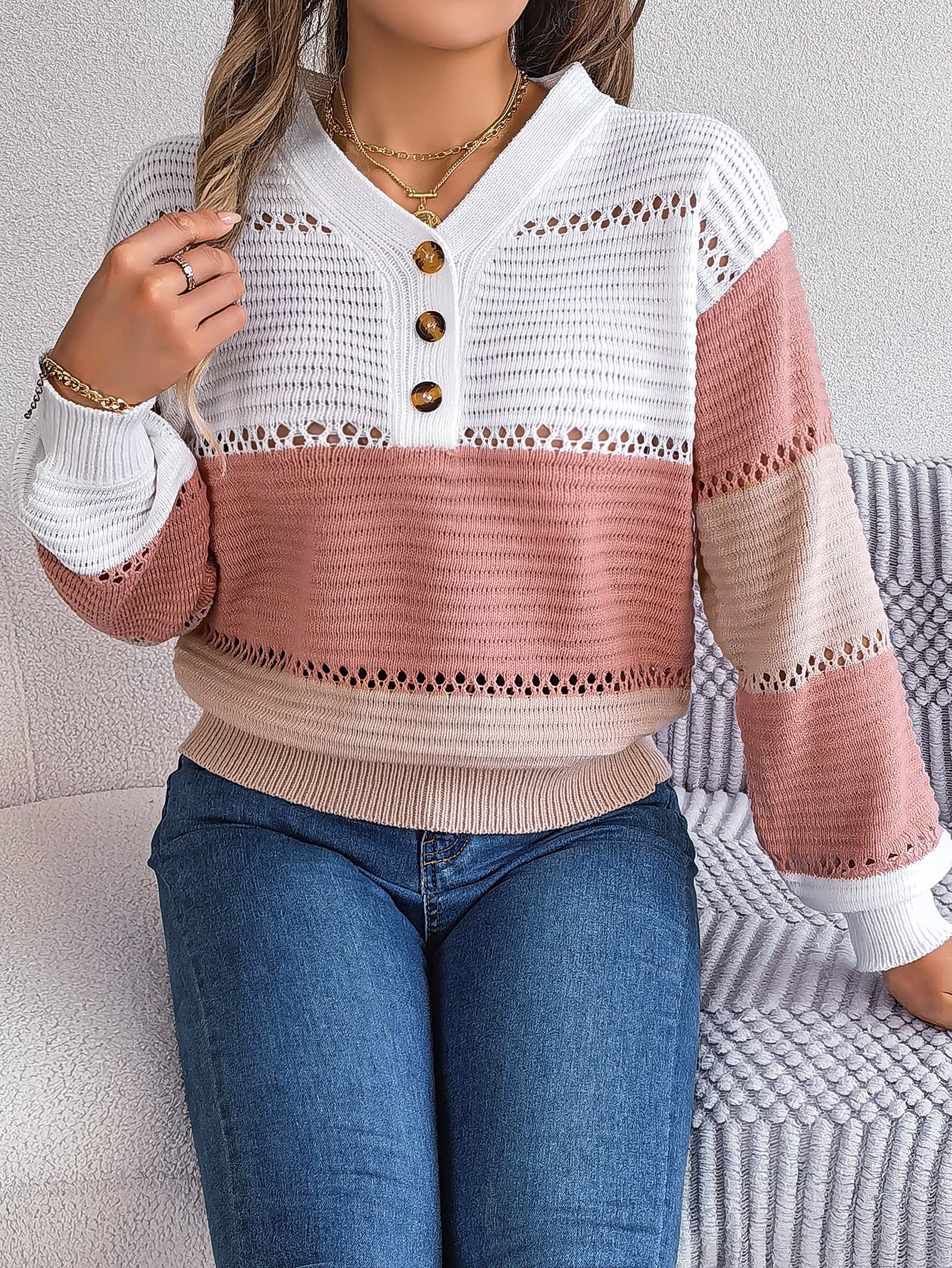 Women Casual Button V-Neck Hollow Out Color Block Lantern Sleeve Pullover Sweater