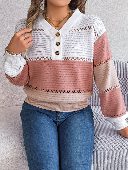 Women Casual Button V-Neck Hollow Out Color Block Lantern Sleeve Pullover Sweater